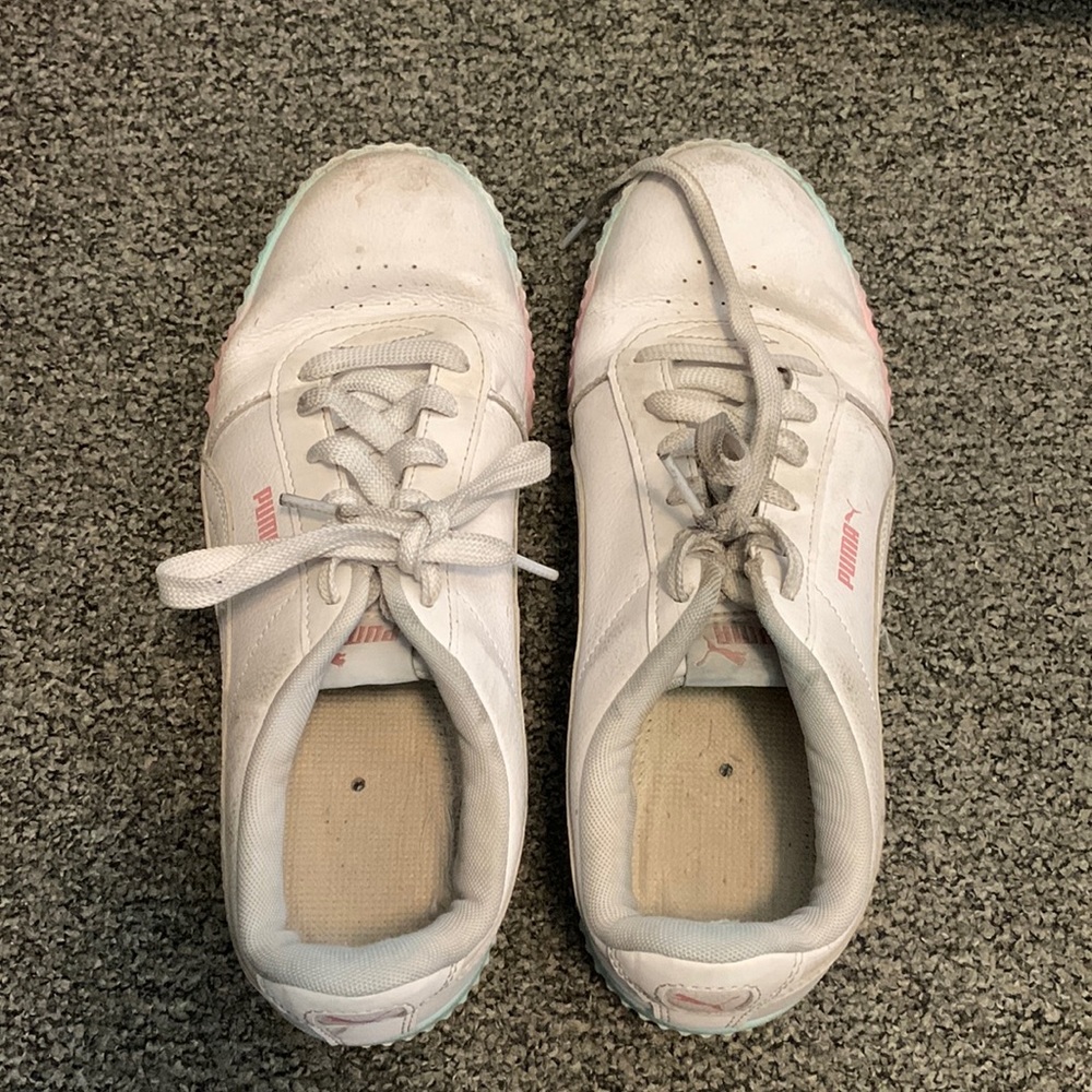pink, white, teal puma shoes